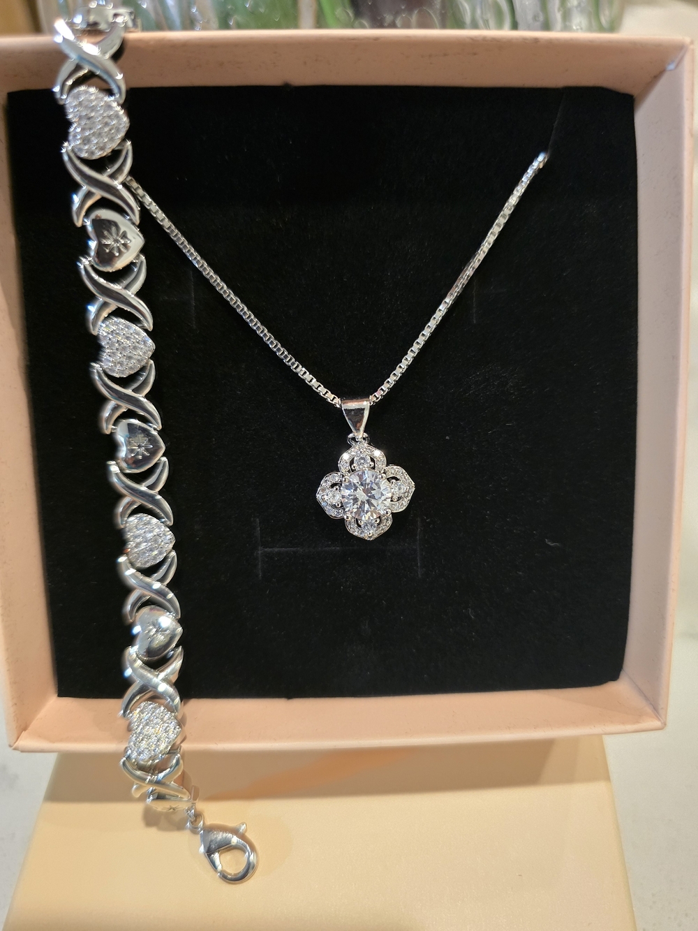 XOXO Silver-Tone Floral CZ Pendant Necklace with Heart Link Bracelet